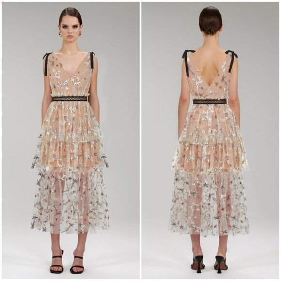 💕SELF-PORTRAIT💕 Star Mesh Embroidered Midi Dress ~ US 4 - Picture 10 of 16